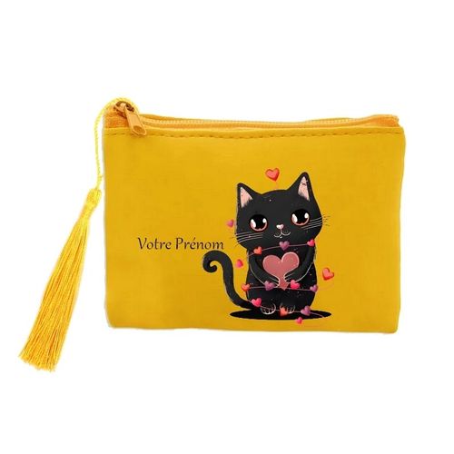 Porte monnaie et cles jaune chat saint valentin et coeur personnalisee