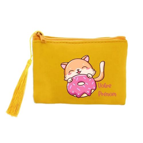 Porte monnaie et cles jaune chat donut personnalisable