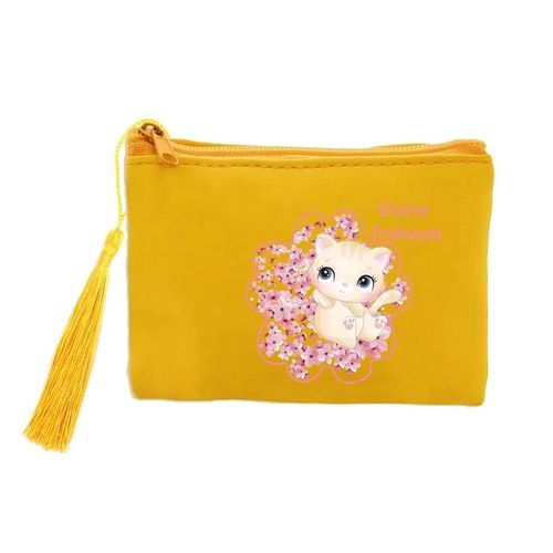 Porte monnaie et cles jaune chat et fleur de cerisier personnalisable