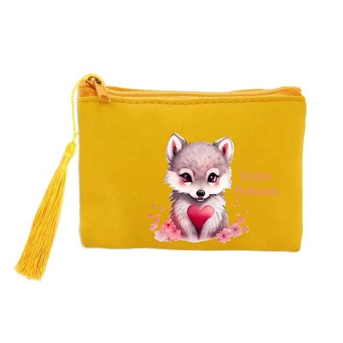 Porte monnaie et cles jaune chien et fleur de cerisier coeur personnalisable