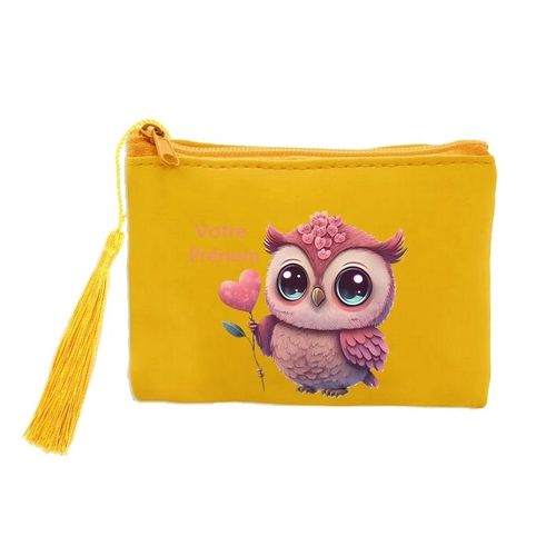 Porte monnaie et cles jaune chouette et fleur personnalise