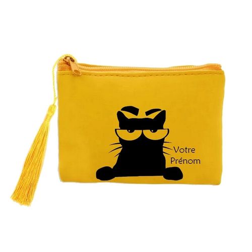 Porte monnaie et cles jaune avec motif chat angry personnalisable
