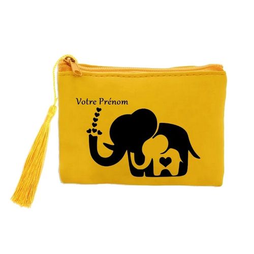 Porte monnaie et cles jaune elephant et maman coeur personnalisable