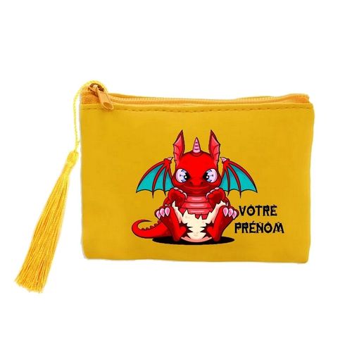 Porte monnaie et cles jaune dragon kawaii rouge personnalisable