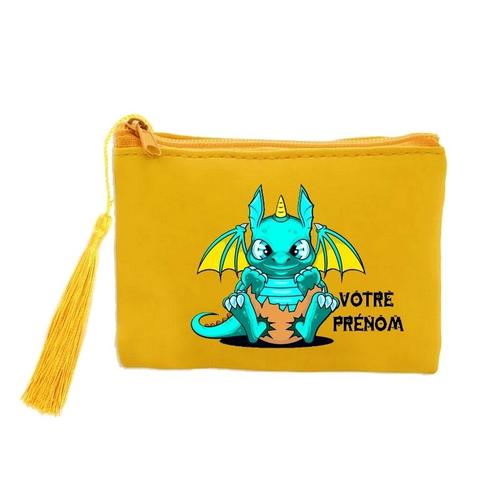 Porte monnaie et cles jaune dragon kawaii bleu personnalisable