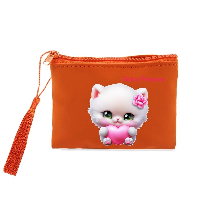 Porte monnaie et cles orange chat peluche personnalisee