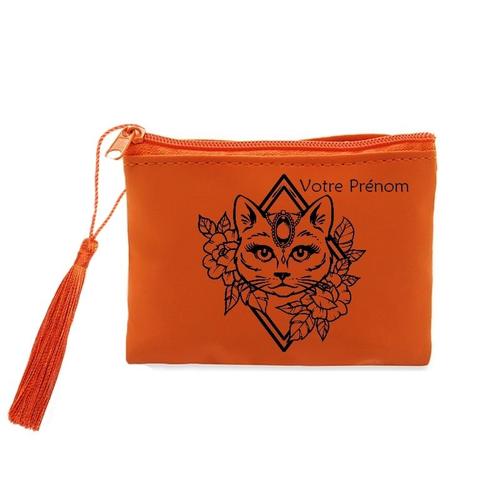 Porte monnaie et cles orange chat fleur personnalisable