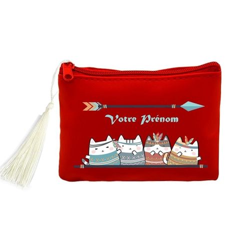 Porte monnaie et cles rouge avec motif chat boho plume personnalisable