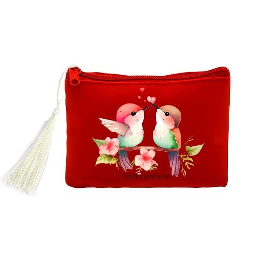 Porte monnaie et cles rouge oiseau colibri et coeur personnalise