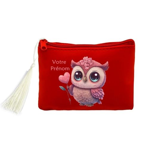 Porte monnaie et cles rouge chouette et fleur personnalise