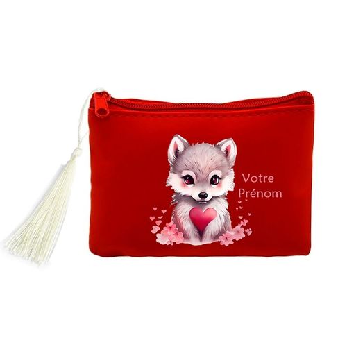 Porte monnaie et cles rouge chien et fleur de cerisier coeur personnalisable