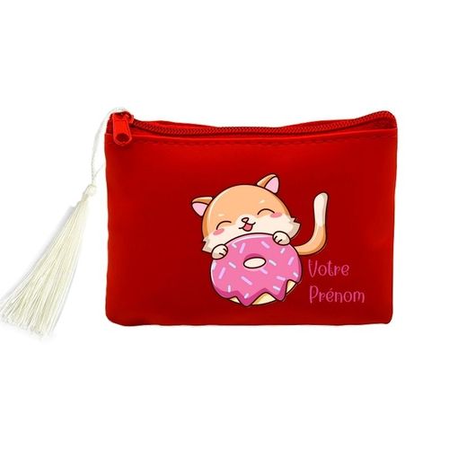 Porte monnaie et cles rouge chat donut personnalisable