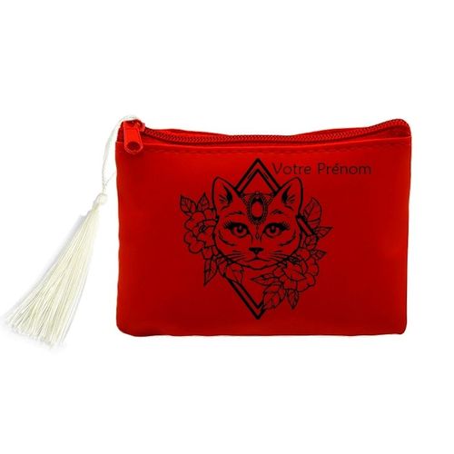 Porte monnaie et cles rouge chat fleur personnalisable
