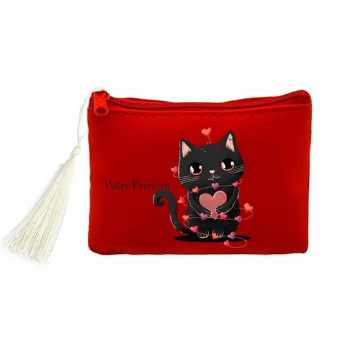 Porte monnaie et cles rouge chat saint valentin et coeur personnalisee