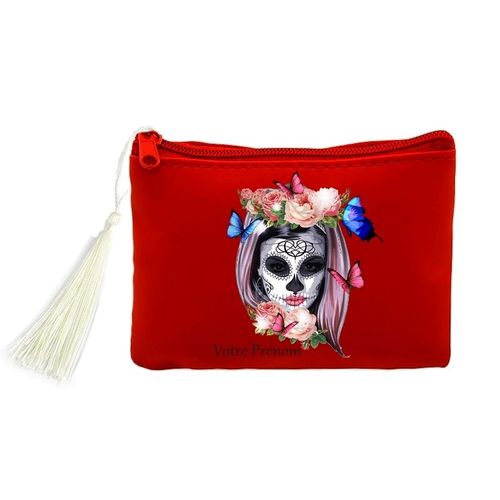 Porte monnaie et cles rouge Mort calavera fleur mexicaine personnalisable