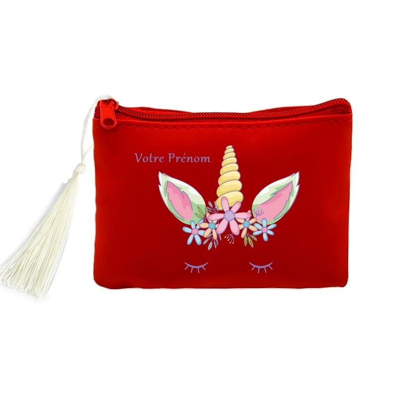 Porte monnaie et cles rouge licorne floral personnalisable