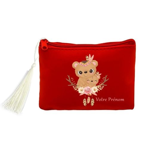 Porte monnaie et cles rouge ourson maman personnalisable