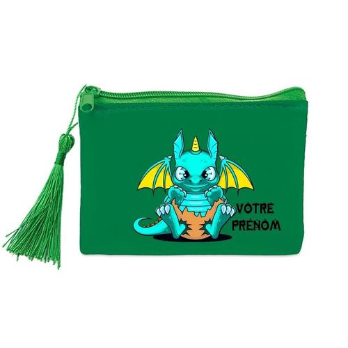 Porte monnaie et cles vert dragon kawaii bleu personnalisable