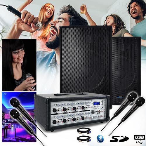 Pack Sono karaoké professionnel Pronomic PM83U Mixer avec USB/SD/MP3/BT 8 canaux, Enceintes 2x600W - 4 micros, Bar, Concert