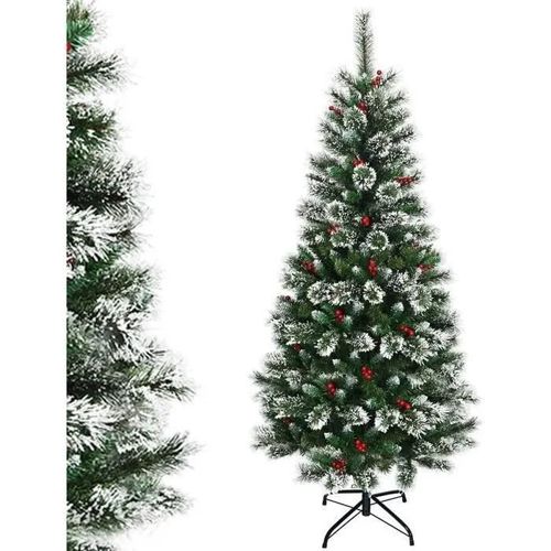 COSTWAY Sapin de Noël Artificiel 150cm avec Flocons de Neige Baies Rouges Dense Base en Métal PVC Design Dense Décoration de Fête