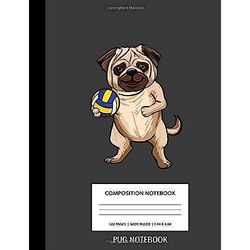 Pug Notebook: Volleyball Gray Black Pug Animal Cute Kawaii Anime Unique Simple Love Composition Notebook Glossy Finish Wide Ruled Line Paper (7.44 X ... ) School Writing Lined Notebook For Kids