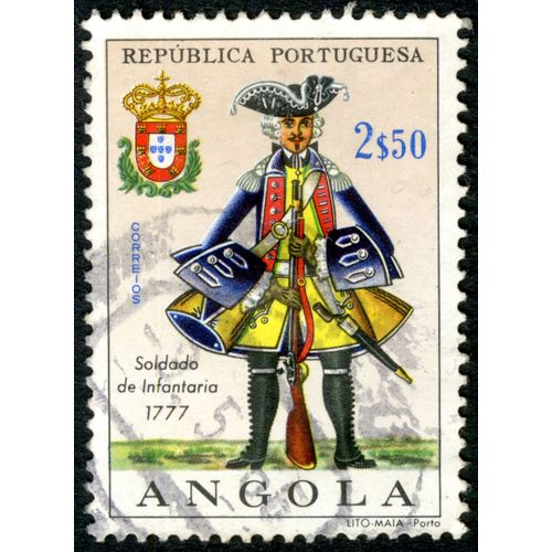 Timbre Oblitéré Angola, Republica Portuguesa, Correios, Soldado De Infantaria 1777, 2s50