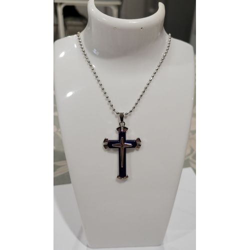 Collier Croix Argente Et Bleu Marine !