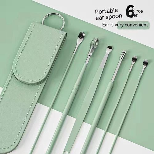 Ensemble De Cuillères À Vecles Oreilles En Acier Inoxydable,Longue Tête,Spirale,Ressort,Facile À Nettoyer,Portable,Livres De Soins Des Oreilles,Ensemble D'outils,6 Pièces - Type Green