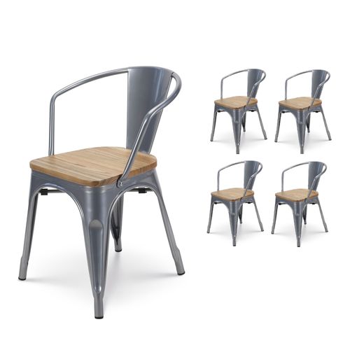 Kosmi - Lot De 4 Chaises En Métal Gris Argenté Style Industriel Avec Assise En Bois Clair - Avec Accoudoirs