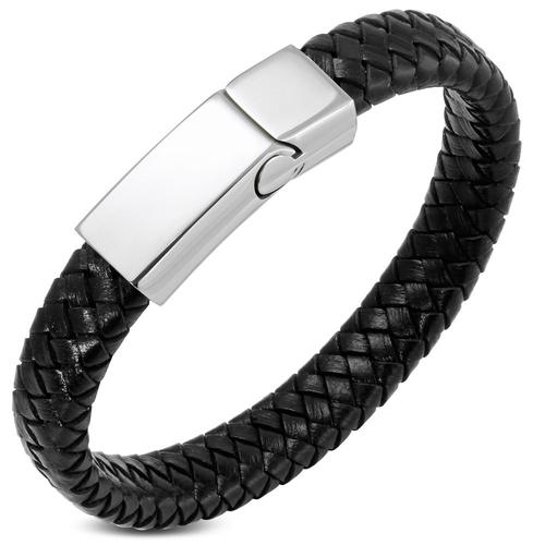 Zense - Bracelet En Cuir Tressé Noir Homme Avec Fermeture Magnétique Zb0374