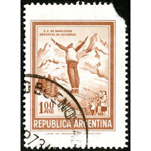 Timbre Oblitéré Republica Argentina, S C De Bariloche Deportes De Invierno, 1.00 Peso
