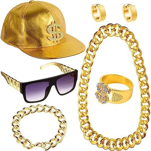 Pesenar-Kit De Olympiques Hip Hop,Lunettes De Soleil À Dessus Plat En Métal,Grand Collier Et Bracelet,Casquette Dorée Hip Hop,80s,90s