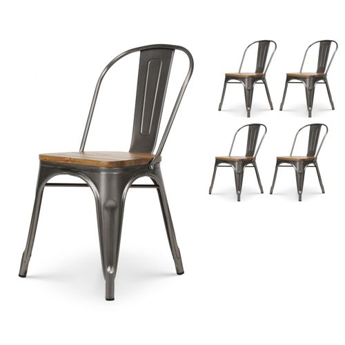 Kosmi - Lot De 4 Chaises En Métal Brut Aspect Galvanisé Et Assise En Bois Clair - Style Industriel