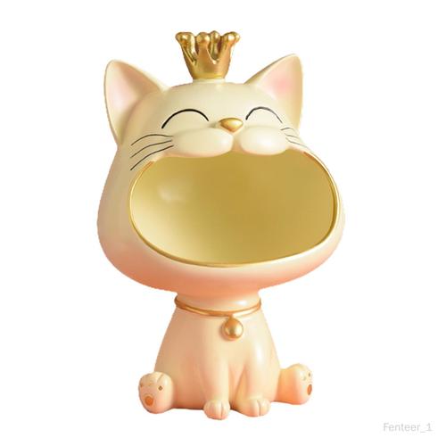 Résine Chat Chanceux Statue Figurine Boîte de Rangement Conteneur Cas Clé Grande Bouche Chaton Plateau de Service Animaux Sculpture pour Couloir Beige