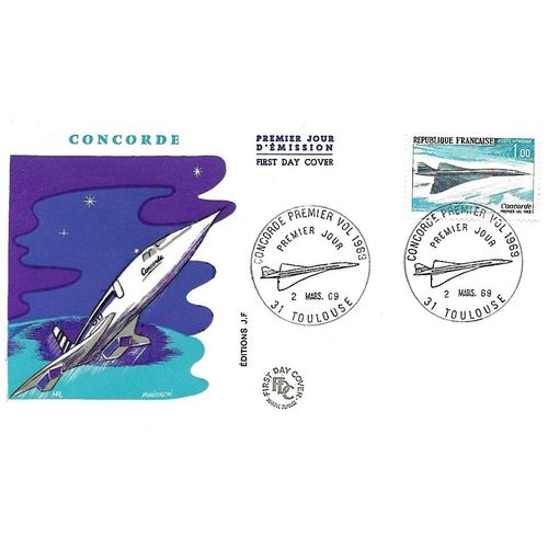 France 1969, Très Belle Enveloppe 1er Jour, Timbre De Poste Aérienne Yvert 43, 1er Vol De L'avion Supersonique Concorde, Belle Illustration En Relief Signée Mariscalchi, État Neuf.