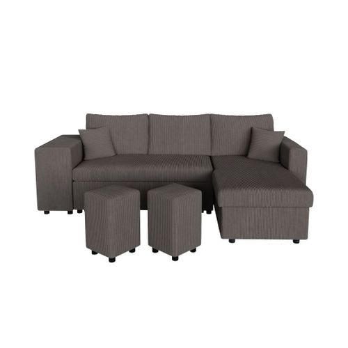 Canapé Convertible Avec 2 Poufs Gauche En Velours Côtelé - Gris Foncé