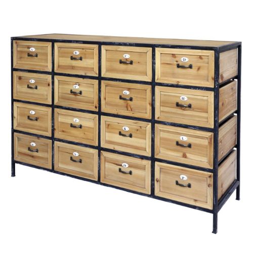Commode 16 Tiroirs En Bois Marron Et Fer Noir 119.5 X 39 X 82 Cm