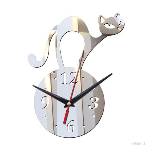 Creative Chat Horloges Murales Miroir Montres À À Piles Cadre Coutil Irrégulier pour La Décoration Intérieure Décor École Cuisine Argent