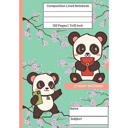 Composition Lined Student Notebook With Name And Subject 7x10 120 Pages: Panda Light Green Blank Writing Practice Workbook For Kids Kindergarten, 1st Grade, 2nd Grade, 3rd Grade, 4th Grade Plus