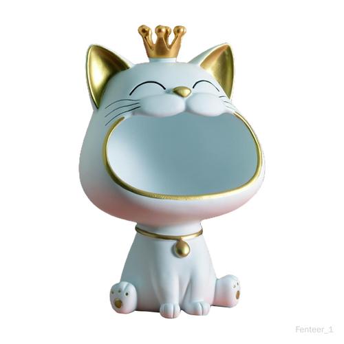 Résine Chat Chanceux Statue Figurine Boîte de Rangement Conteneur Cas Clé Grande Bouche Chaton Plateau de Service Animaux Sculpture pour Couloir Bleu clair