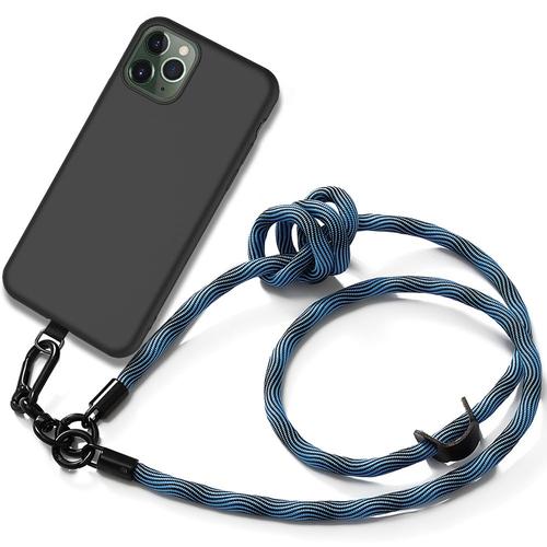 Coque Cordon Pour Iphone 11 Pro - Silicone Noir Antichoc Avec Cordon Amovible Bleu - E.F.Connection