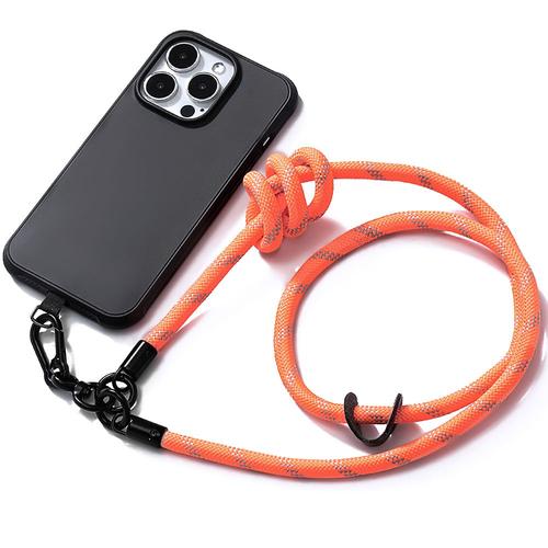 Coque Cordon Pour Iphone 14 Pro - Silicone Noir Antichoc Anti-Rayures Avec Cordon Amovible Orange - E.F.Connection