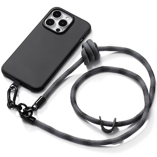 Coque Bandoulière Pour Iphone 14 Pro - Silicone Souple Noir Avec Bandoulière Robuste Gris - E.F.Connection