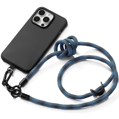 Coque Cordon Pour Iphone 14 Pro - Silicone Liquide Noir Avec Cordon Détachable Bleu - E.F.Connection