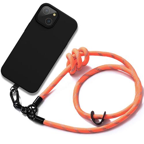 Coque Cordon Pour Iphone 14 Silicone Liquide Noir Antichoc Avec Cordon Amovible Orange - E.F.Connection