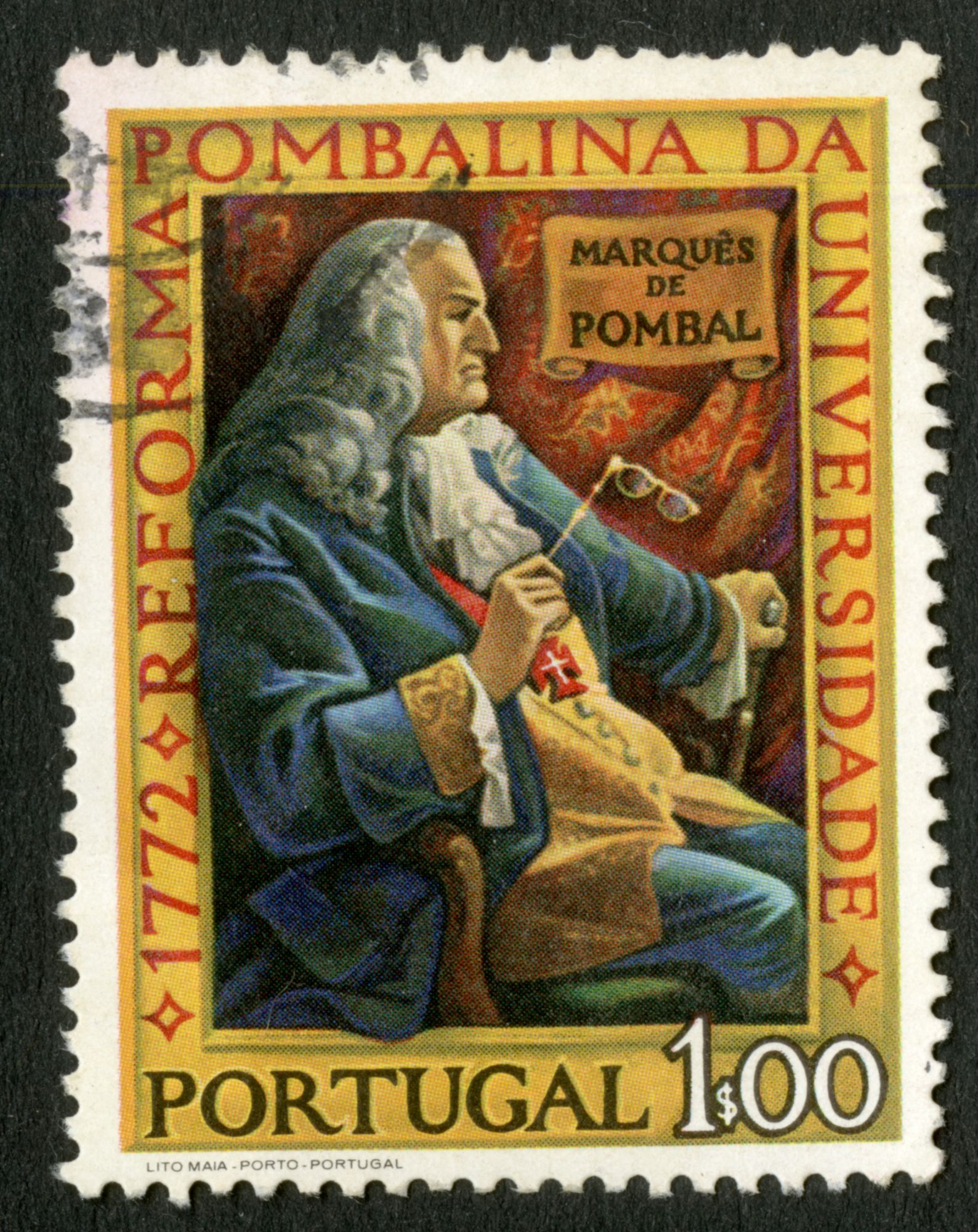 Timbre Oblitéré Portugal, 1772 Reforma Pombalina Da Universidade, ,Marques De Pombal, 1s00