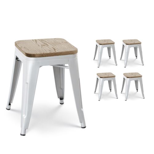 Kosmi - Lot De 4 Tabourets En Métal Blanc Mat Style Industriel Et Assise En Bois Clair - Sans Dossier - Hauteur 46 Cm