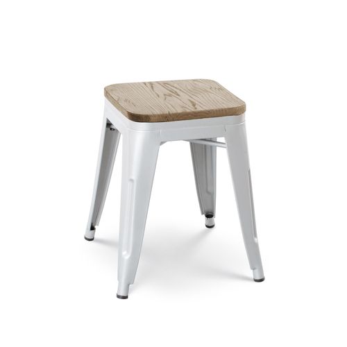 Kosmi - Tabouret En Métal Blanc Mat Style Industriel Et Assise En Bois Clair - Sans Dossier - Hauteur 46 Cm