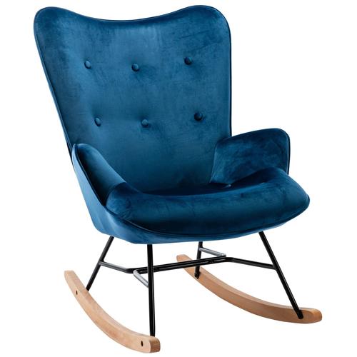 Fauteuil À Bascule Rocking Chair Bouton Décoratif En Tissu Velours Bleu Confortable Et Design Fab10074
