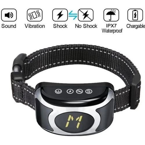 Collier Anti-Aboiements Pour Chien Avec Vibration Sonore Et Choc Sans Danger 3 Niveaux Réglables Noir Et Argent